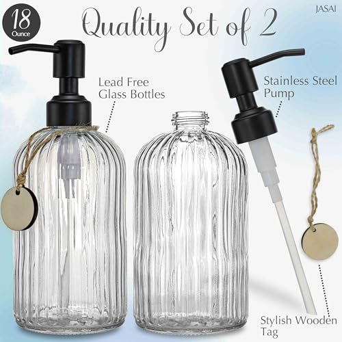 JASAI 2PACK 18Oz Simple Glass Soap Dispensers with Black Pump, Refillable Kitchen soap Dispenser with Vertical Stripe, Bathroom Soap Dispenser for Bathroom Hand soap, Dish Soap, Lotion. - Image 2