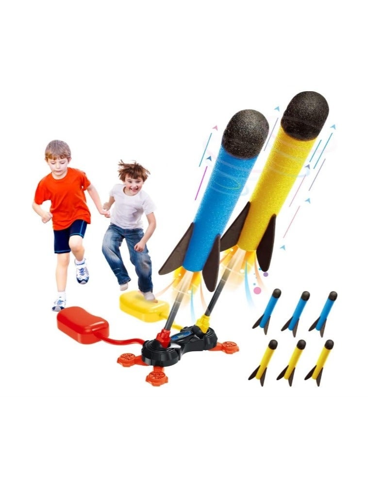 JUNI Dual Stomp Rocket Launcher Toy For Kids Outdoor Shoots Up To 100 Feet Jump Rocket Set 6 Foam Rockets And 2 Stomp Launcher - Image 1