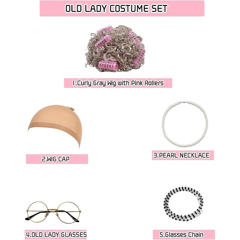 Znorso Old Lady Costume Accessory Set Grey Wig Pearl Necklace with Glasses Chain and Hat 100 School Days - Image 5