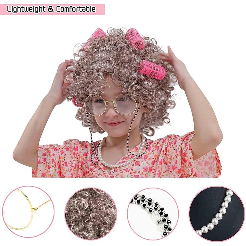 Znorso Old Lady Costume Accessory Set Grey Wig Pearl Necklace with Glasses Chain and Hat 100 School Days - Image 4