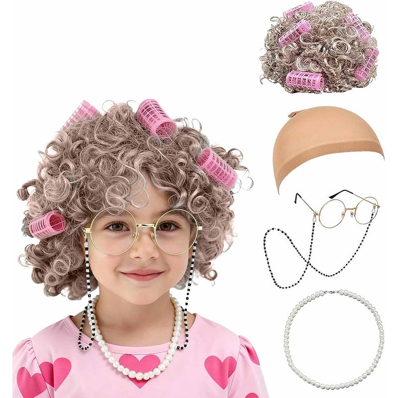 Znorso Old Lady Costume Accessory Set Grey Wig Pearl Necklace with Glasses Chain and Hat 100 School Days - Image 1
