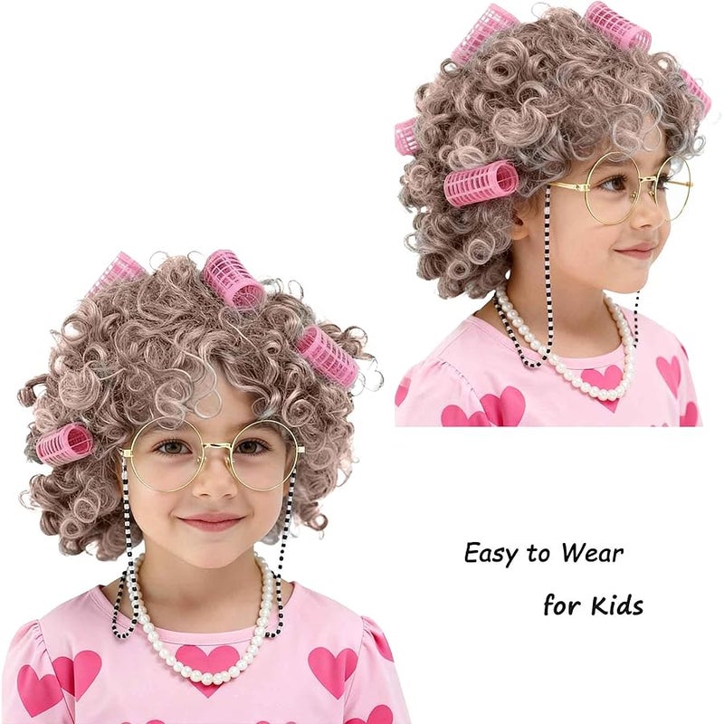 Znorso Old Lady Costume Accessory Set Grey Wig Pearl Necklace with Glasses Chain and Hat 100 School Days - Image 2