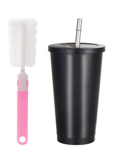 Reusable Iced Coffee Cup Tumbler with Straw and Lid for Adults, 17oz 500ml Vacuum Insulated Leakproof Cola Coffee Mug, Stainless Steel Water Cup for Cold or Warm Hot Drinking, Black