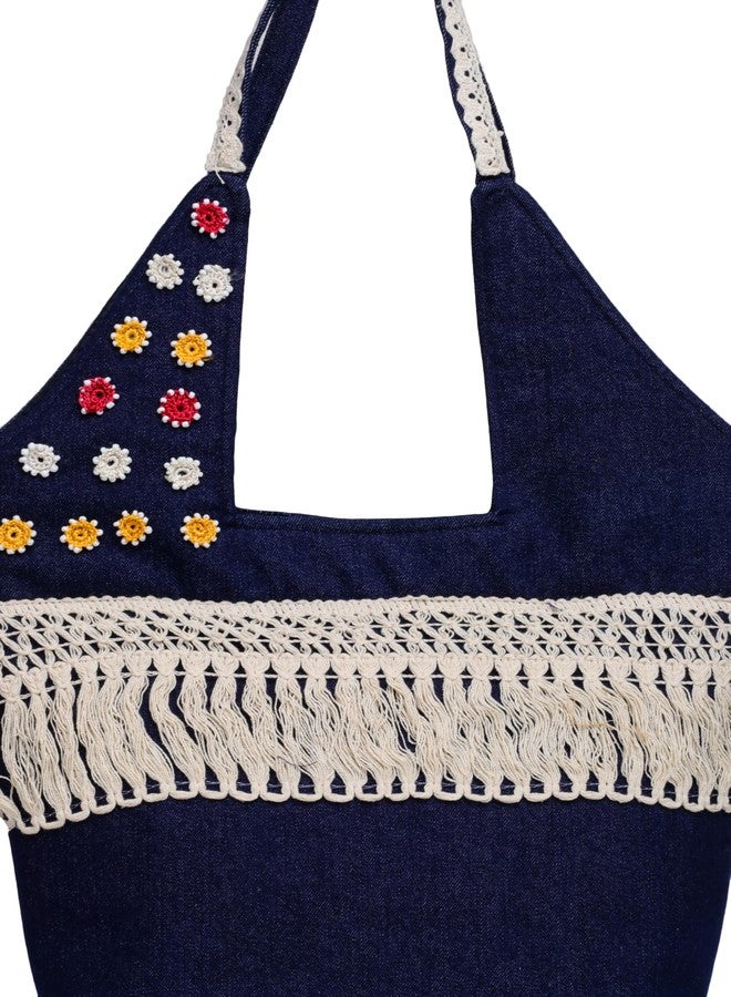 athizay Tote Bag Dark Bue Denim with handcrafted White Jhaalar Lace and Multicolor Crochet flower abstract Design handbags for ladies Made by indian artisans (Dark Blue) - Image 3