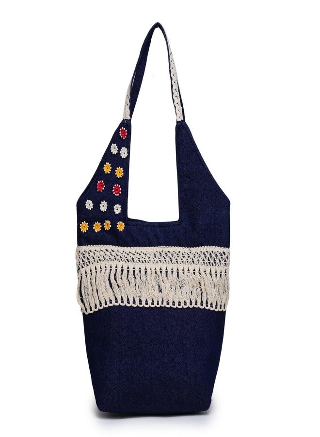 athizay Tote Bag Dark Bue Denim with handcrafted White Jhaalar Lace and Multicolor Crochet flower abstract Design handbags for ladies Made by indian artisans (Dark Blue) - Image 1