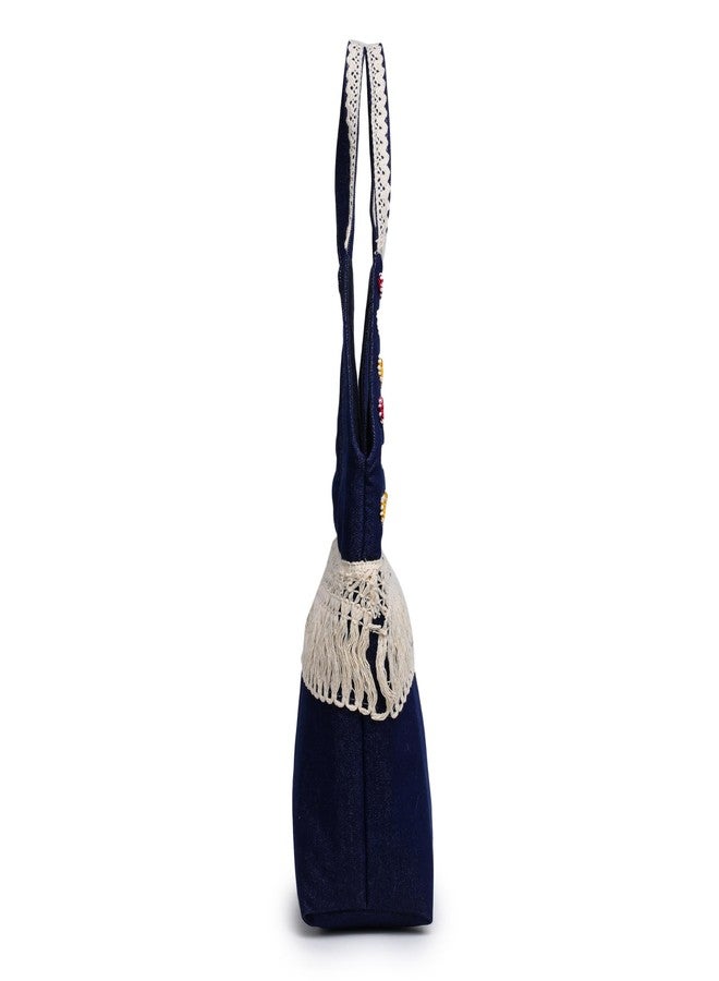 athizay Tote Bag Dark Bue Denim with handcrafted White Jhaalar Lace and Multicolor Crochet flower abstract Design handbags for ladies Made by indian artisans (Dark Blue) - Image 5