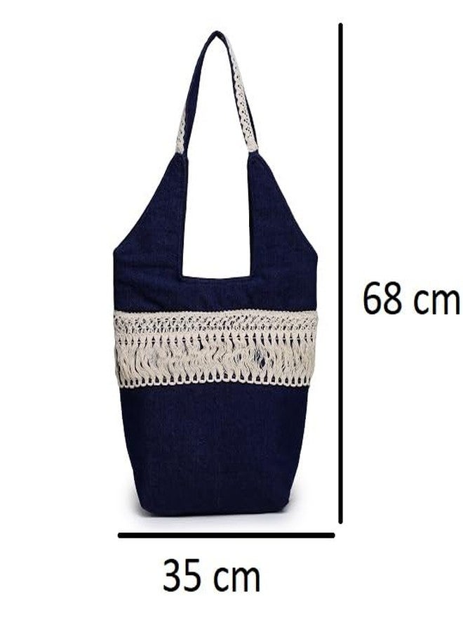 athizay Tote Bag Dark Bue Denim with handcrafted White Jhaalar Lace and Multicolor Crochet flower abstract Design handbags for ladies Made by indian artisans (Dark Blue) - Image 2