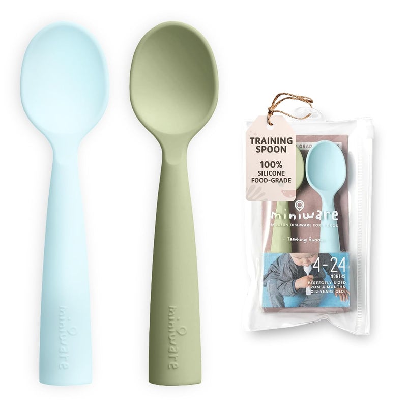 Miniware Silicone Baby Spoon for Training - BPA Free Baby Utensils - Baby Spoons Self Feeding 6 Months | 100% Food Grade Silicone - Modern & Dishwasher Safe Toddler Spoons (Aqua and Pistachio) - Image 1