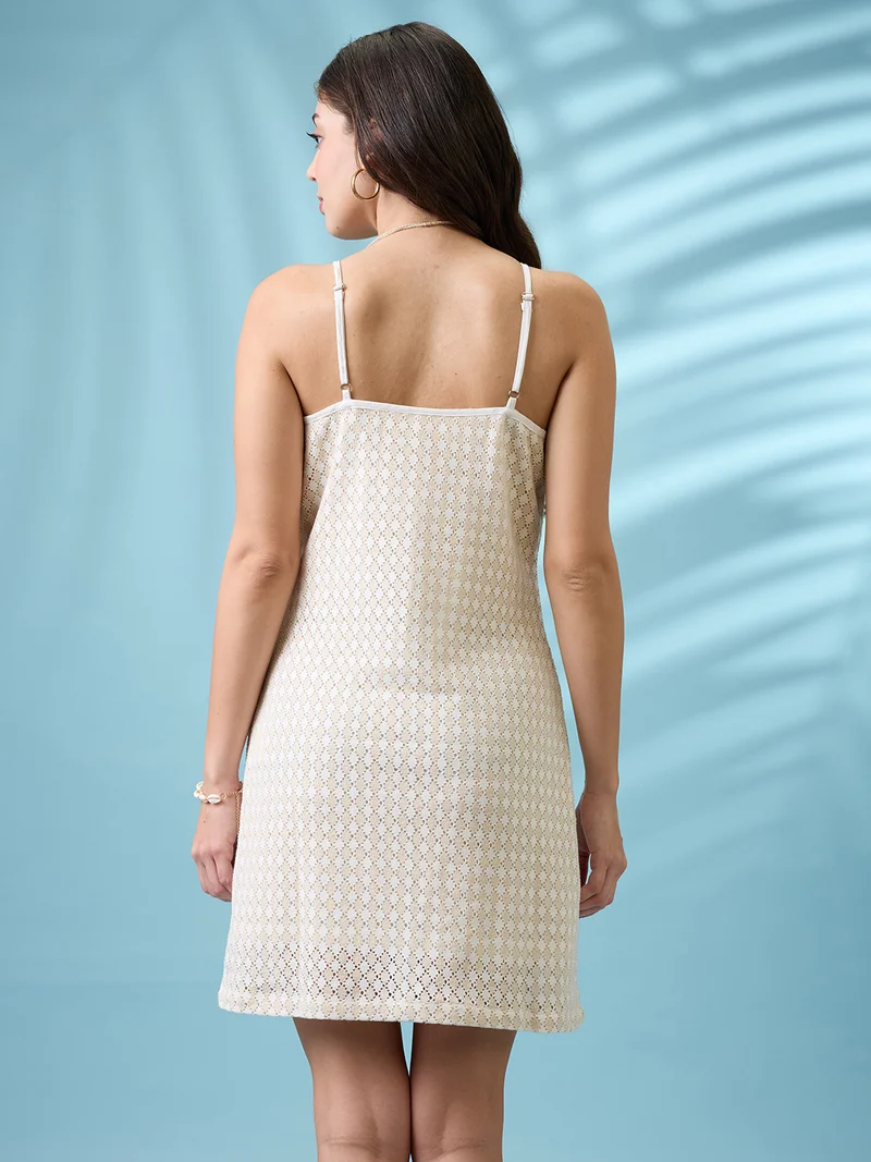 globus Women Beige Scoop Neck Strappy Sleeves Crochet Sheath Mini Dress