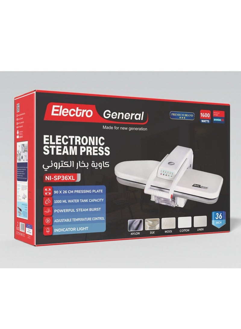 الكترو جنرال إلكترو جنرال كاوية بخار كبس حجم كبير 36 بوصة - 1600 واط، مقاس 90×26 سم، خزان 1000 مل، 5 أوضاع للأقمشة، بخار قوي، رشاش ماء، تحكم بالحرارة، مؤشر ضوء، قفل أمان - NI-SP36XL - Image 1