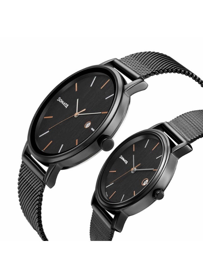 Sonata ساعة يد للرجال 713187029NM01 – قرص أسود، حزام من الفولاذ المقاوم للصدأ الأسود، حركة كوارتز، مقاومة للماء حتى 3 ATM، ساعة أنيقة وجاهزة كهدية - Image 3