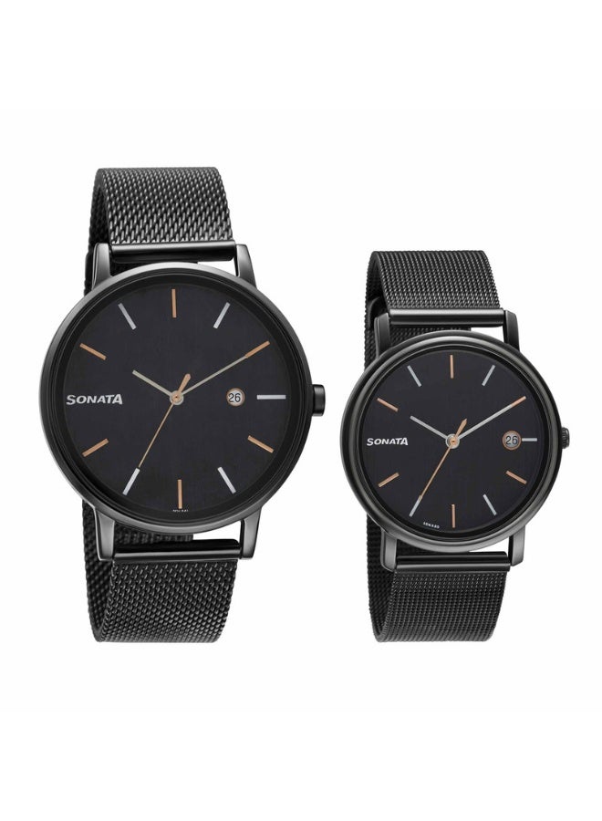 Sonata ساعة يد للرجال 713187029NM01 – قرص أسود، حزام من الفولاذ المقاوم للصدأ الأسود، حركة كوارتز، مقاومة للماء حتى 3 ATM، ساعة أنيقة وجاهزة كهدية - Image 1
