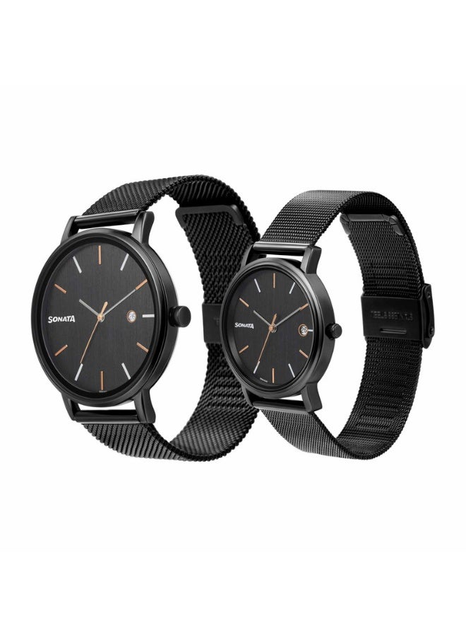 Sonata ساعة يد للرجال 713187029NM01 – قرص أسود، حزام من الفولاذ المقاوم للصدأ الأسود، حركة كوارتز، مقاومة للماء حتى 3 ATM، ساعة أنيقة وجاهزة كهدية - Image 2