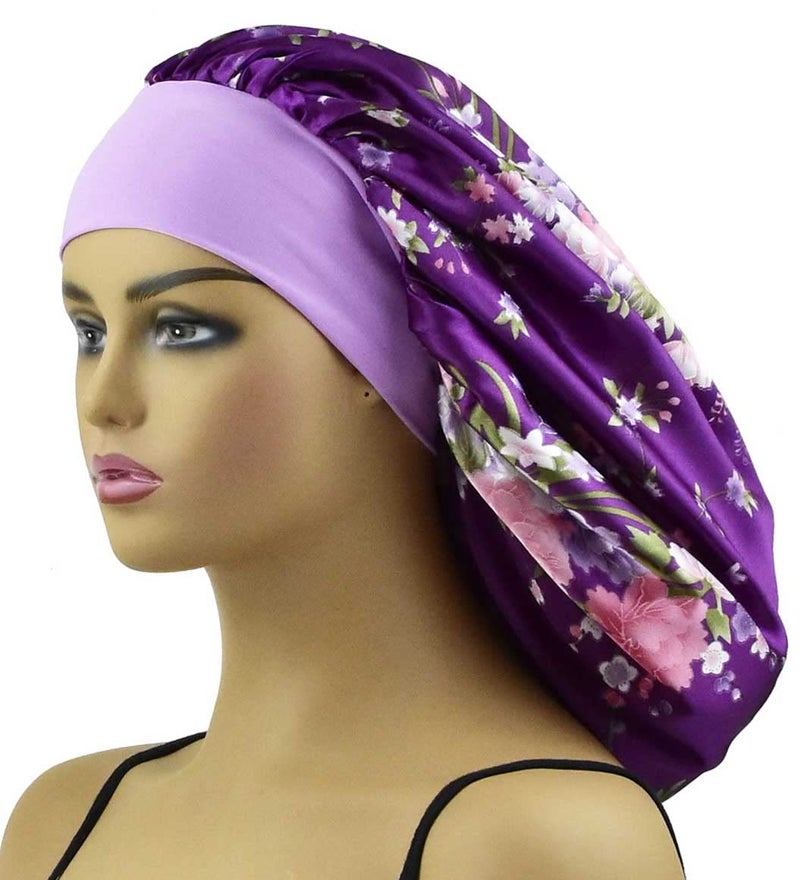 Silk Bonnet for Women Long Hair Cover Satin Bonnet for Sleeping Braids Extra Large Satin Sleep Cap Head Cover XL Night Hats Floral Purple