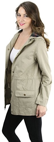 ToBeInStyle Drawstring Waist Women's Hooded Jacket - Plaid Lined- Classic Khaki- Small - Image 3