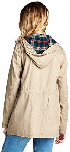 ToBeInStyle Drawstring Waist Women's Hooded Jacket - Plaid Lined- Classic Khaki- Small - Image 2