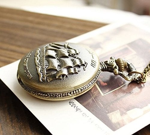 Infinite U Retro Ancient Sailboat/Warships/Pirate Ship Pendant Quartz Pocket Watch Long Necklace with Gift Bag for Men/Women - Image 2