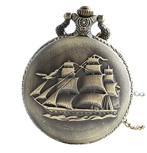 Infinite U Retro Ancient Sailboat/Warships/Pirate Ship Pendant Quartz Pocket Watch Long Necklace with Gift Bag for Men/Women - Image 1