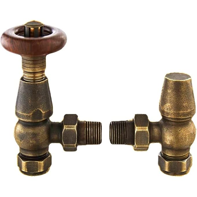 THERMOSTATIC RADIATOR VALVES - ANGLED ANTIQUE BRASS CHELSEA TRV - TRADITIONAL DESIGN 1/2" X 15MM METAL HEAD RADIATOR VALVES - Image 1