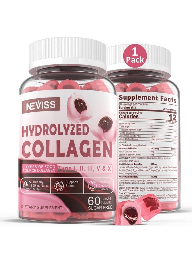 NEVISS Collagen Gummies for Women Men, Hydrolyzed Collagen Peptides Gummies with Multi Collagen Peptides Type I II III V & X, Biotin, Keratin, and Vitamin D3 for Healthy Skin, Hair, Nails, Bone, 1 Pack - Image 1