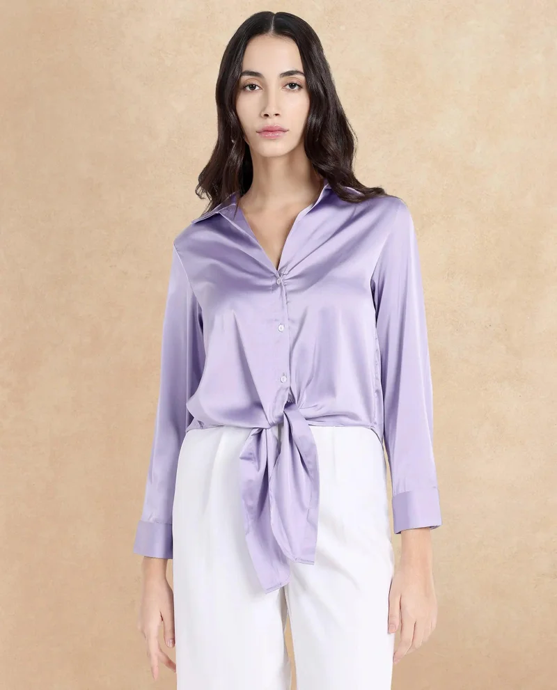 Rareism Women's Satin Cuffed Sleeve Collared Neck Top
