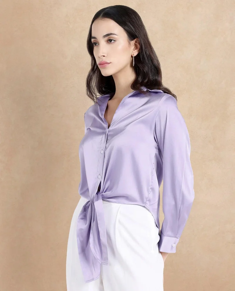 Rareism Women's Satin Cuffed Sleeve Collared Neck Top