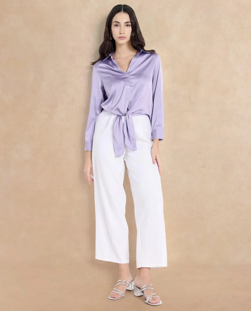 Rareism Women's Satin Cuffed Sleeve Collared Neck Top
