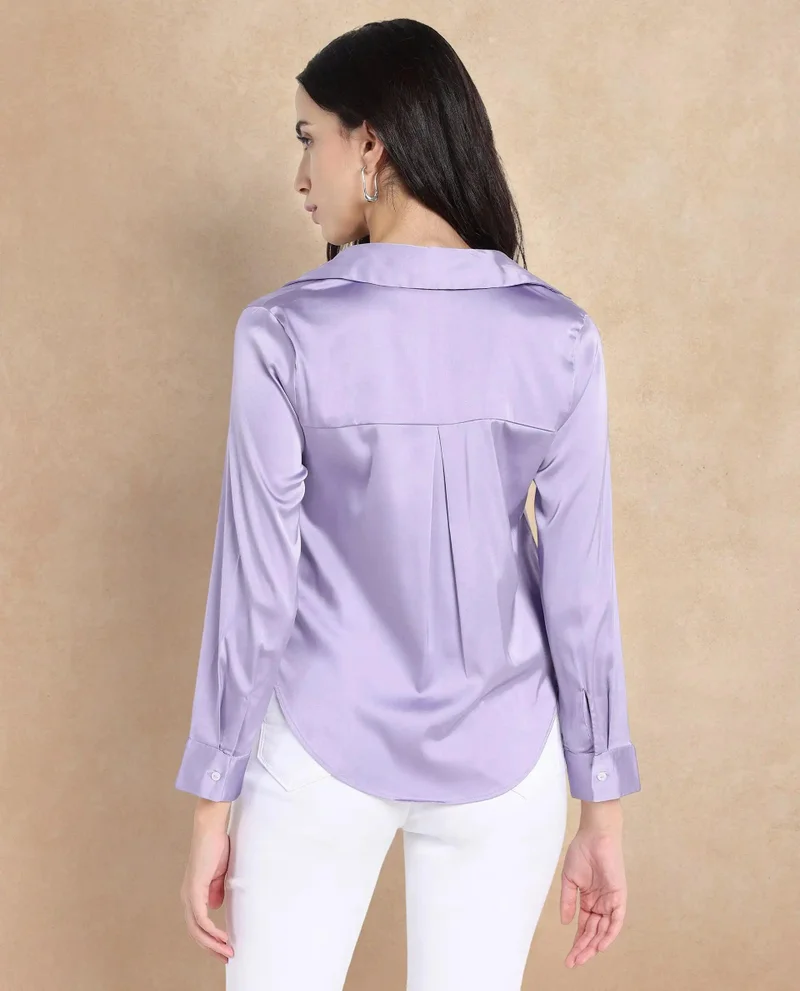 Rareism Women's Satin Cuffed Sleeve Collared Neck Top
