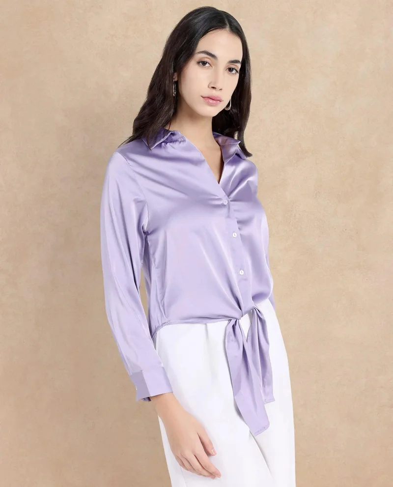 Rareism Women's Satin Cuffed Sleeve Collared Neck Top