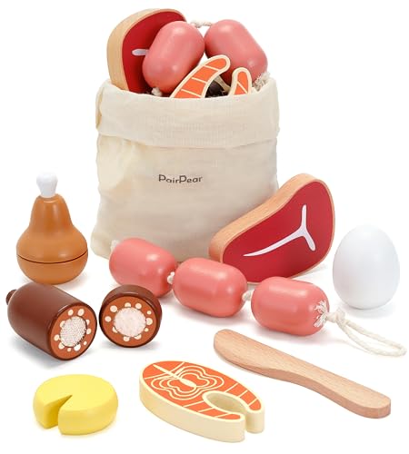 PairPear Wooden Toys Play Food Sets for Kids Kitchen Kids Toy Food Cutting Meat Set for Toddlers 3 Years Old Pretend Food Play Kitchen Accessories for Girls and Boys - Image 1
