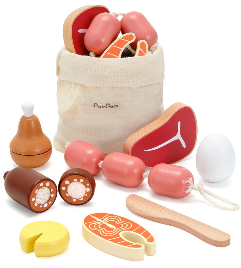 PairPear Wooden Toys Play Food Sets for Kids Kitchen Kids Toy Food Cutting Meat Set for Toddlers 3 Years Old Pretend Food Play Kitchen Accessories for Girls and Boys - Image 3