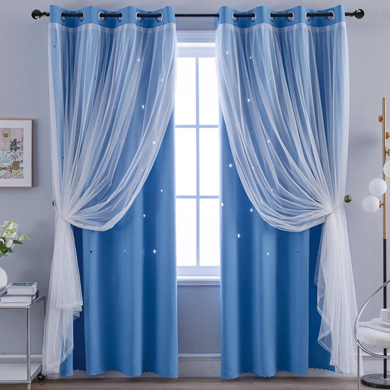 Anytime Girls Curtains for Bedroom Star Hollow Out Blackout Curtains for Kids Room Decor Double Layer Star Cut Out Window Curtains 2 PanelW52 x L63Blue