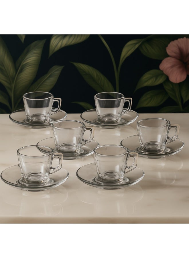 Dania Saudi coffee and espresso cups set, multi-purpose, 6 cups + 6 saucers, made of clear glass - Image 1