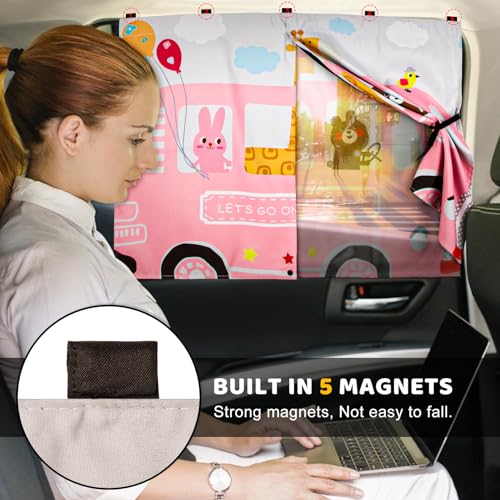 DIZA100 Car Window Shades, 2pcs Magnetic Car Curtains for Side Windows Privacy Full Covers/Half Shade Options, Cute Cartoon Auto Sunshades for Baby Protection Pink - Image 2