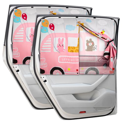 DIZA100 Car Window Shades, 2pcs Magnetic Car Curtains for Side Windows Privacy Full Covers/Half Shade Options, Cute Cartoon Auto Sunshades for Baby Protection Pink - Image 1