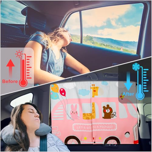 DIZA100 Car Window Shades, 2pcs Magnetic Car Curtains for Side Windows Privacy Full Covers/Half Shade Options, Cute Cartoon Auto Sunshades for Baby Protection Pink - Image 5