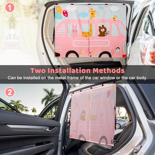 DIZA100 Car Window Shades, 2pcs Magnetic Car Curtains for Side Windows Privacy Full Covers/Half Shade Options, Cute Cartoon Auto Sunshades for Baby Protection Pink - Image 4