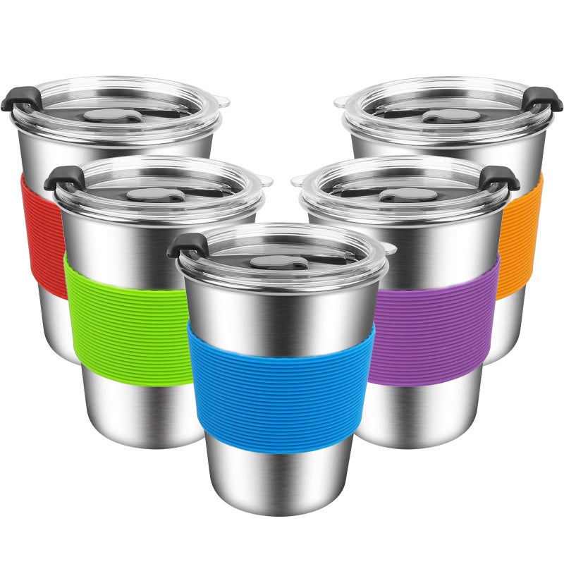 ShineMe Kids Stainless Steel Cups,12oz Kids Metal Drinking Glasses with Lids and Sleeves, 5pack Reusable Water Tumbler for Children and Adults Spill Proof, Apply to Indoor and Outdoor - Image 1