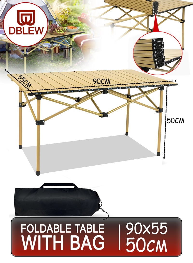 DBLEW طاولة تخييم قابلة للطي في الهواء الطلق (90—55—50 سم) من سبائك الألمنيوم مقاومة للماء، مقاومة للحرارة والبقع، سطح طاولة قابل لللف بتشطيب معدني، تعزيز إطار على شكل X، تجميع سريع، حقيبة حمل متضمنة للاستخدام في النزهات، الشواء، المشي، الصيد والاستخدام الداخلي كطاولة مكتب. - Image 1
