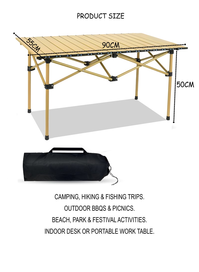 DBLEW طاولة تخييم قابلة للطي في الهواء الطلق (90—55—50 سم) من سبائك الألمنيوم مقاومة للماء، مقاومة للحرارة والبقع، سطح طاولة قابل لللف بتشطيب معدني، تعزيز إطار على شكل X، تجميع سريع، حقيبة حمل متضمنة للاستخدام في النزهات، الشواء، المشي، الصيد والاستخدام الداخلي كطاولة مكتب. - Image 3