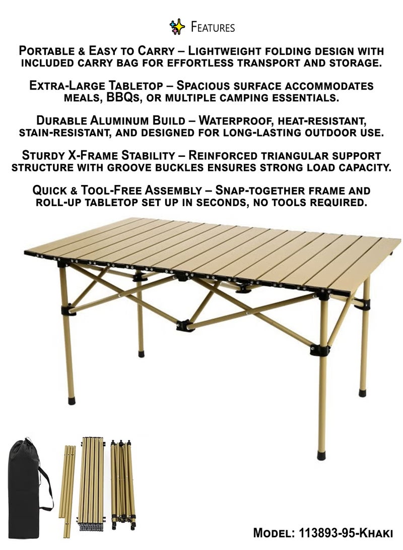 DBLEW طاولة تخييم قابلة للطي في الهواء الطلق (90—55—50 سم) من سبائك الألمنيوم مقاومة للماء، مقاومة للحرارة والبقع، سطح طاولة قابل لللف بتشطيب معدني، تعزيز إطار على شكل X، تجميع سريع، حقيبة حمل متضمنة للاستخدام في النزهات، الشواء، المشي، الصيد والاستخدام الداخلي كطاولة مكتب. - Image 2