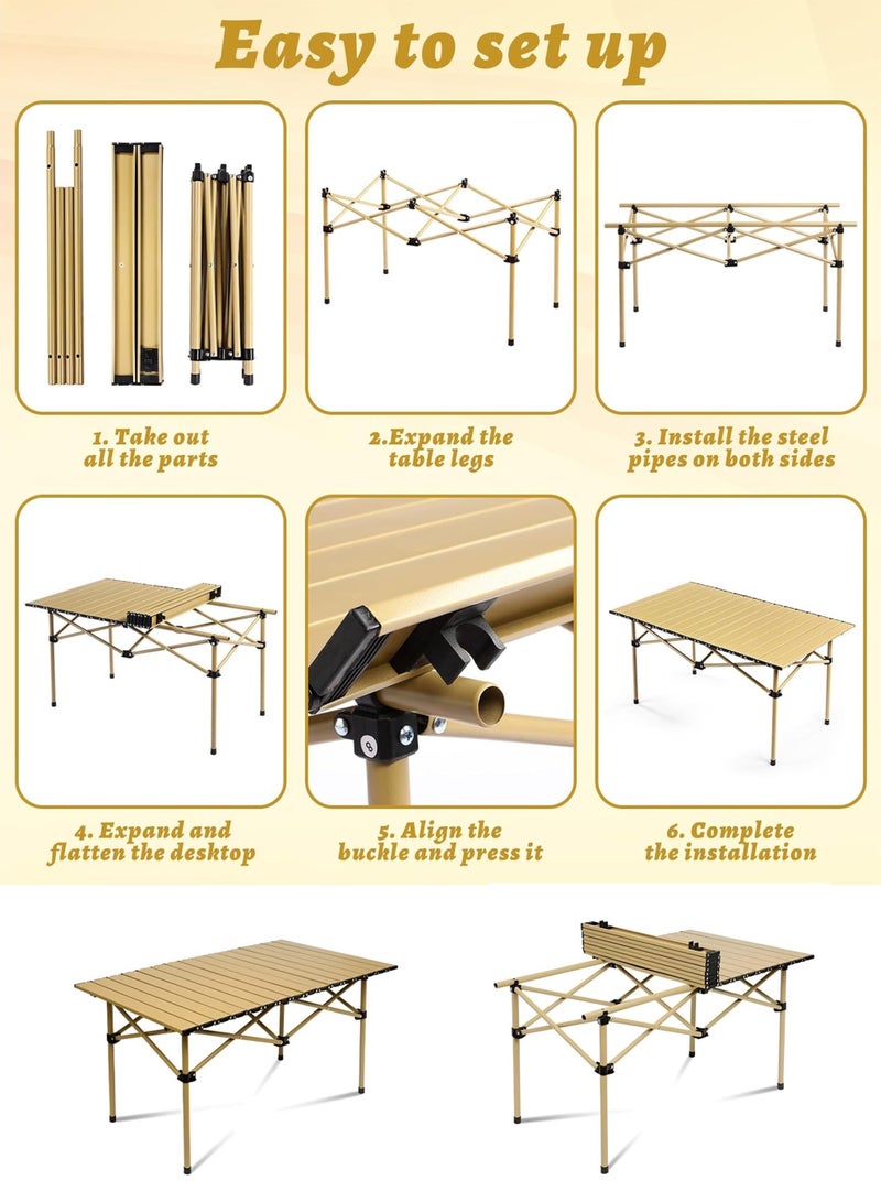 DBLEW طاولة تخييم قابلة للطي في الهواء الطلق (90—55—50 سم) من سبائك الألمنيوم مقاومة للماء، مقاومة للحرارة والبقع، سطح طاولة قابل لللف بتشطيب معدني، تعزيز إطار على شكل X، تجميع سريع، حقيبة حمل متضمنة للاستخدام في النزهات، الشواء، المشي، الصيد والاستخدام الداخلي كطاولة مكتب. - Image 4