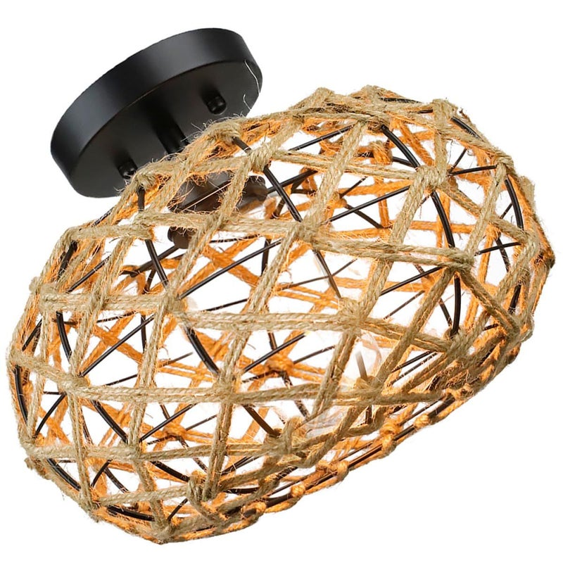 Rustic Rope Flush Mount Ceiling Light Iron Frame E26 E27 Base for Bedroom Living Room Hallway - Image 2