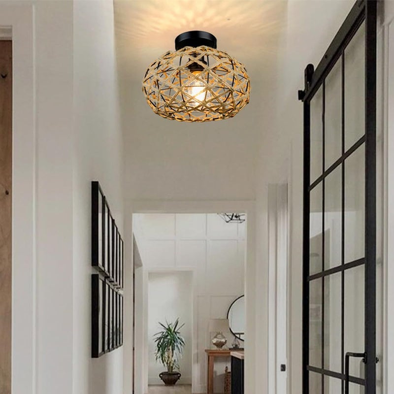 Rustic Rope Flush Mount Ceiling Light Iron Frame E26 E27 Base for Bedroom Living Room Hallway - Image 4