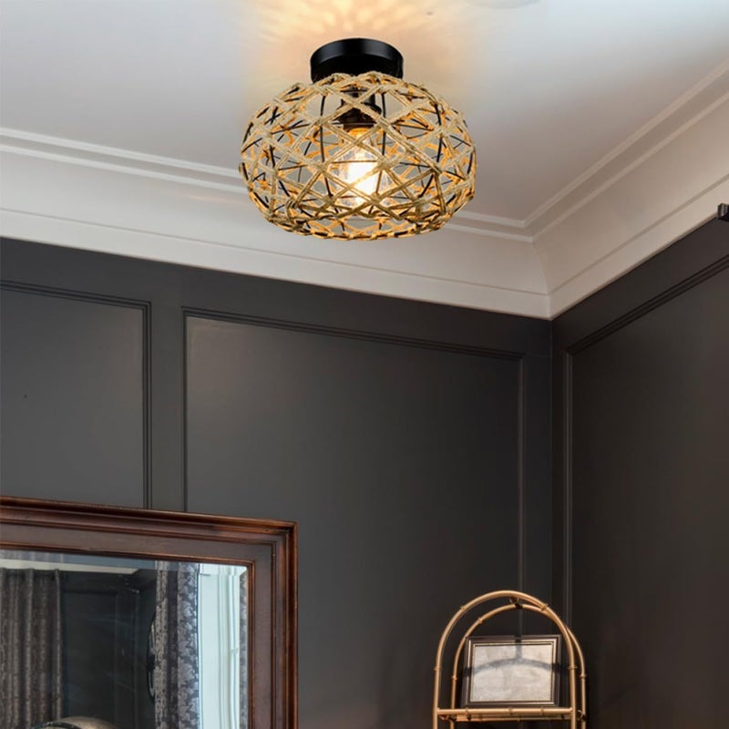 Rustic Rope Flush Mount Ceiling Light Iron Frame E26 E27 Base for Bedroom Living Room Hallway - Image 5