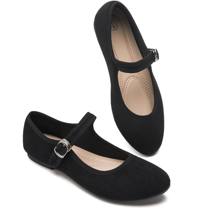 BABUDOG Womens Mary Jane Flats with Strap,Faux Suede Black Flats Shoes,Flats Shoes Women Dressy Comfortable(Black 08) - Image 1