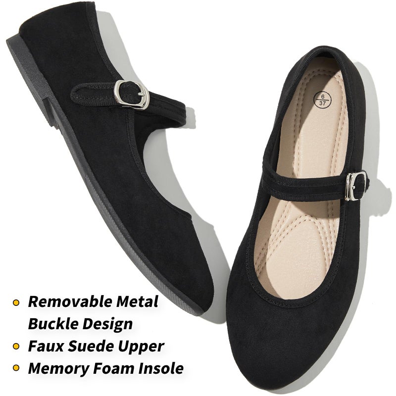BABUDOG Womens Mary Jane Flats with Strap,Faux Suede Black Flats Shoes,Flats Shoes Women Dressy Comfortable(Black 08) - Image 4