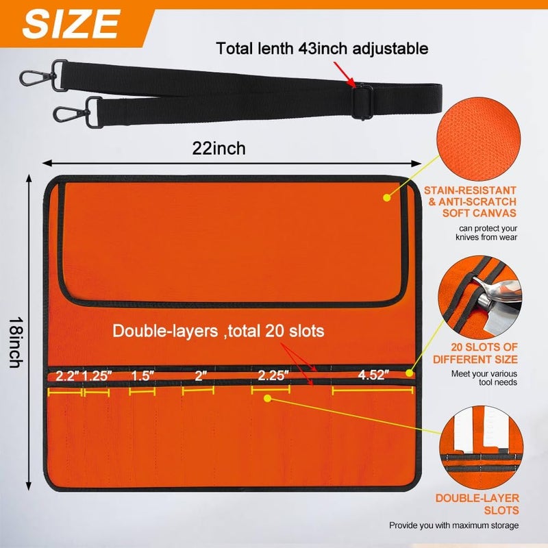 QIQU Orange Chef Knife Bag With 20 Slots Cutlery Knives Holders Protectors, Home Kitchen Travel Cooking Tools, Portable Canvas Knife Roll Storage Bag Chef Case for Camping or Working - Image 2