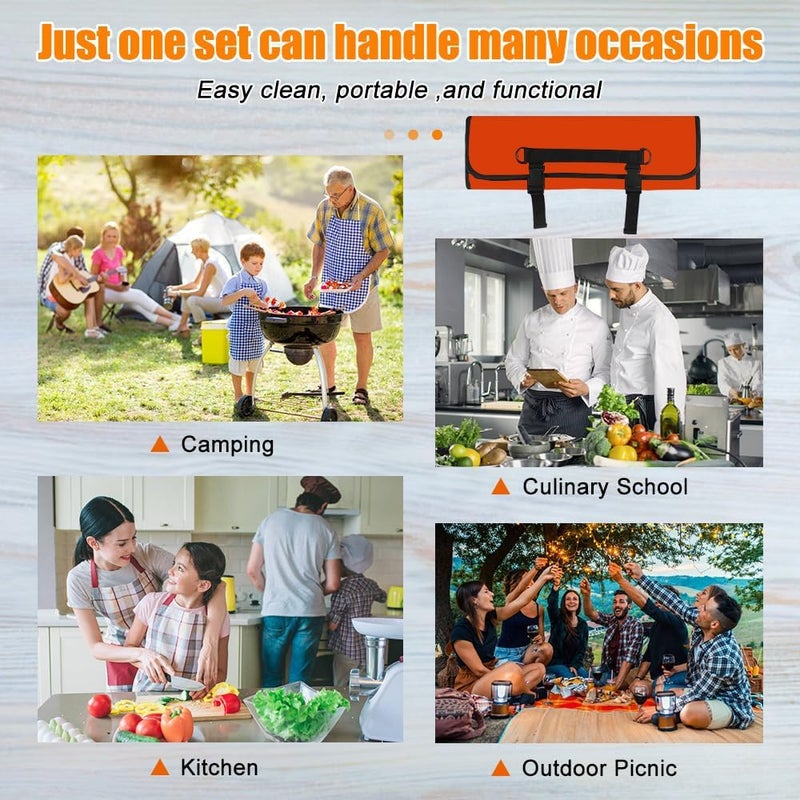 QIQU Orange Chef Knife Bag With 20 Slots Cutlery Knives Holders Protectors, Home Kitchen Travel Cooking Tools, Portable Canvas Knife Roll Storage Bag Chef Case for Camping or Working - Image 4
