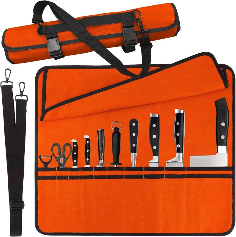 QIQU Orange Chef Knife Bag With 20 Slots Cutlery Knives Holders Protectors, Home Kitchen Travel Cooking Tools, Portable Canvas Knife Roll Storage Bag Chef Case for Camping or Working - Image 1